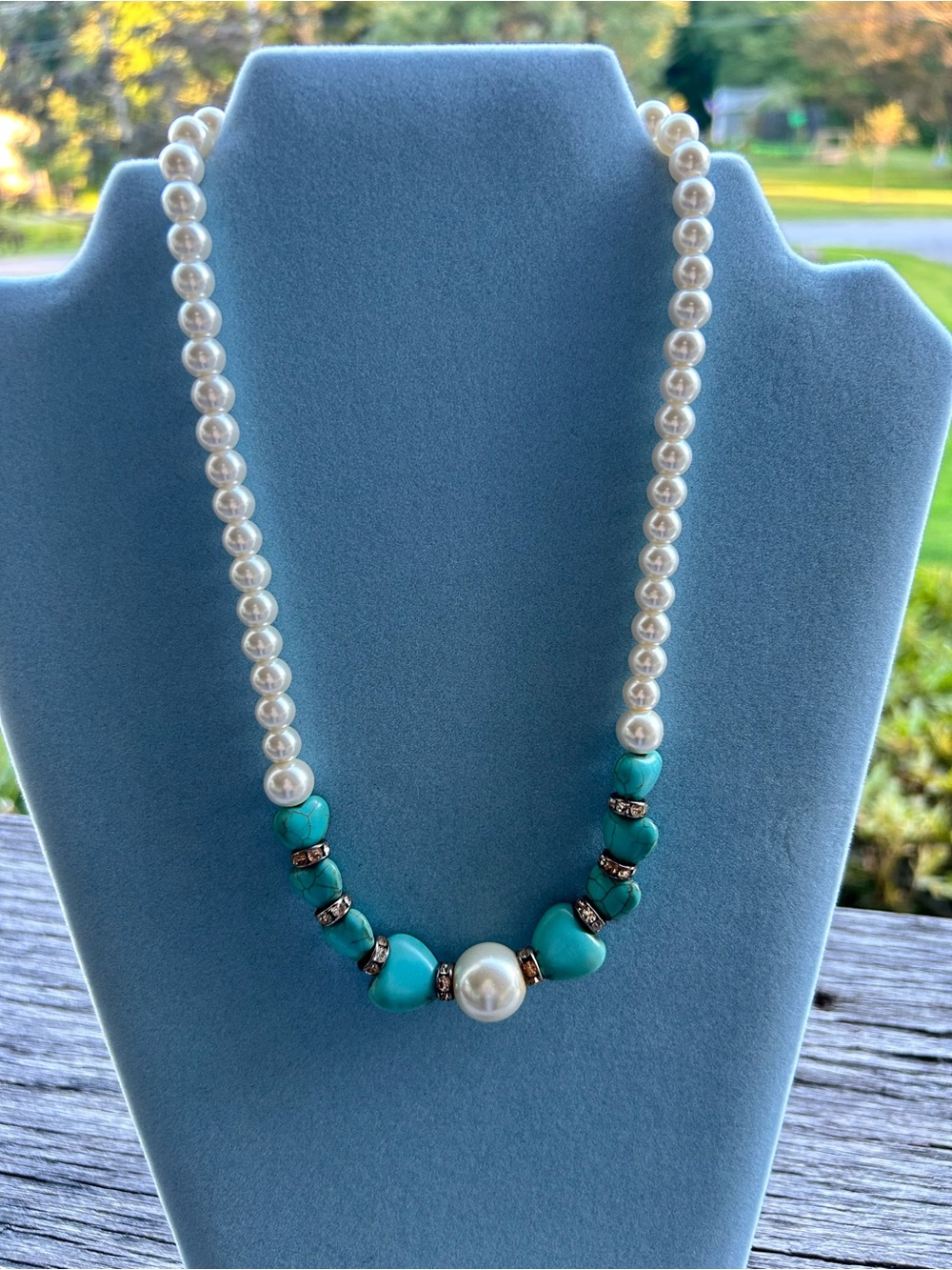 Pearl and Turquoise color Bead Necklace rhinestone spacer heart shape stones 18”